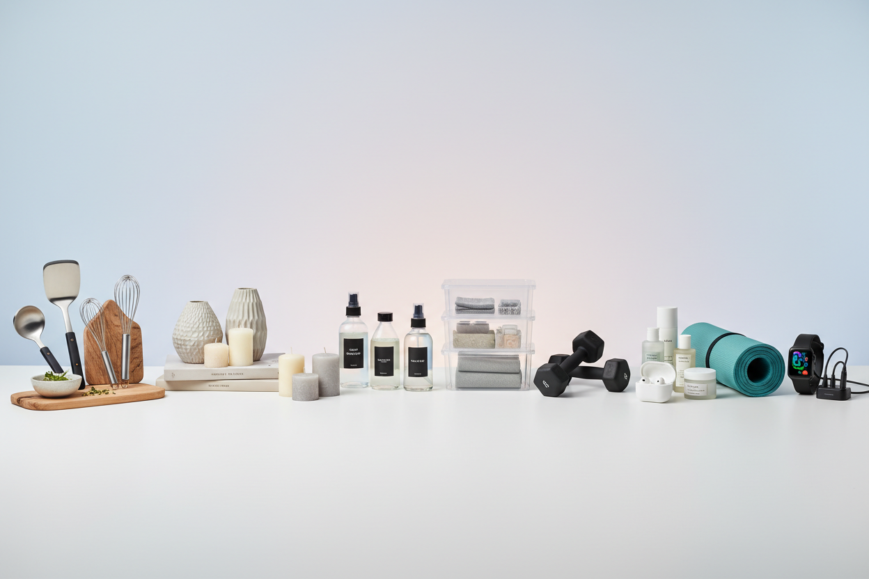 Wide Shopify homepage hero banner showing kitchen tools, home essentials, cleaning & storage, fitness/personal care, and smart gadgets arranged horizontally, with empty space for text. Minimal white or pastel background, soft shadows, realistic lighting, premium e-commerce style, 16:9 landscape, 1920×800.